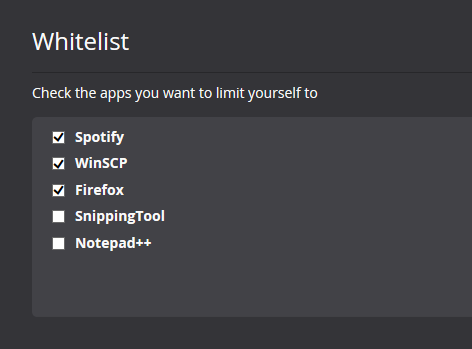 Partial screenshot of adding apps to the whitelist