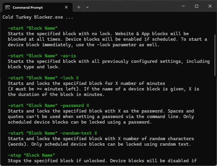 Screenshot of some command line options