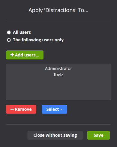 Screenshot of custom user selection