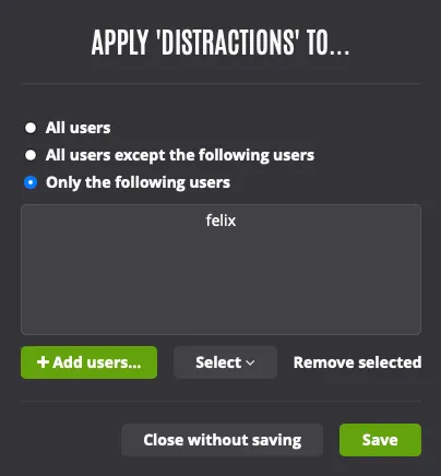 Screenshot of custom user selection