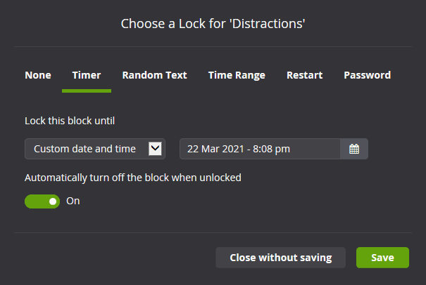 Screenshot of locking a block