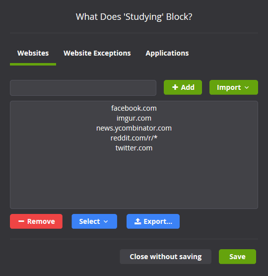 Screenshot of website blocking features