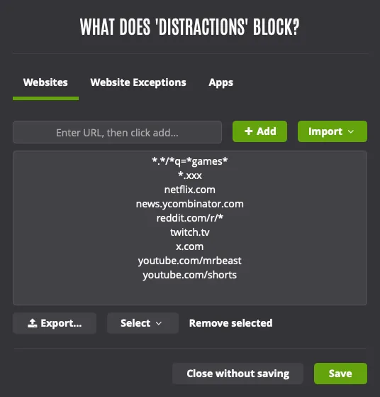 Screenshot of website blocking features
