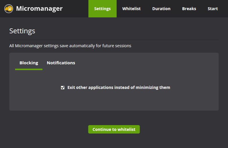 Screenshot of settings tab