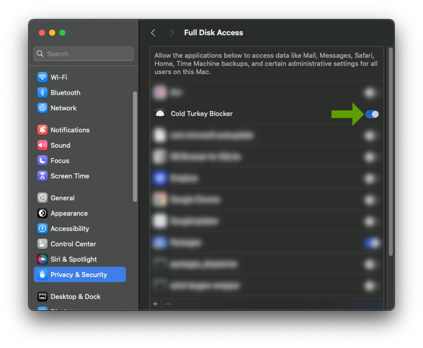 Screenshot of Full Disk Access Toggle