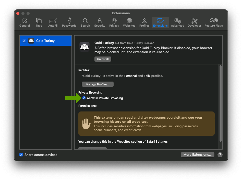 Screenshot of Safari Extension Private Browsing Settings