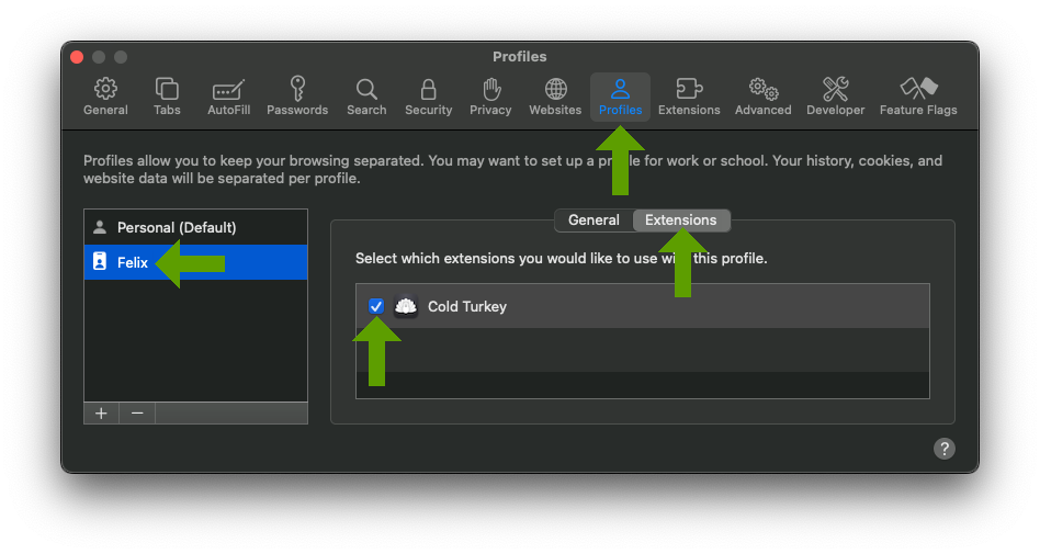 Screenshot of Safari Extension Profile Settings