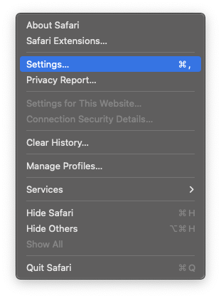Screenshot of opening Safari Settings