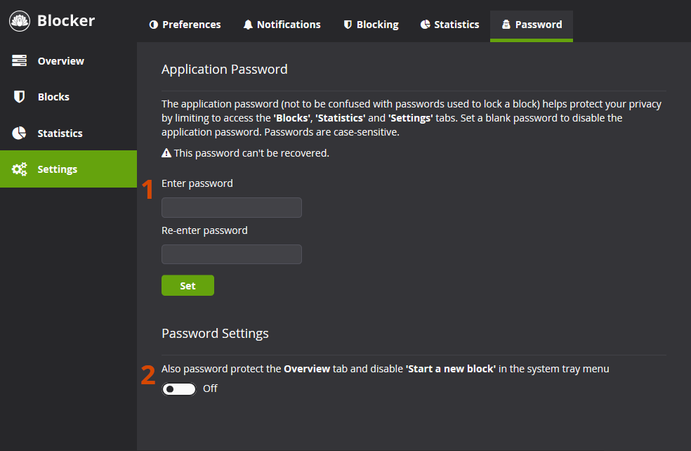 Screenshot of the password settings tab